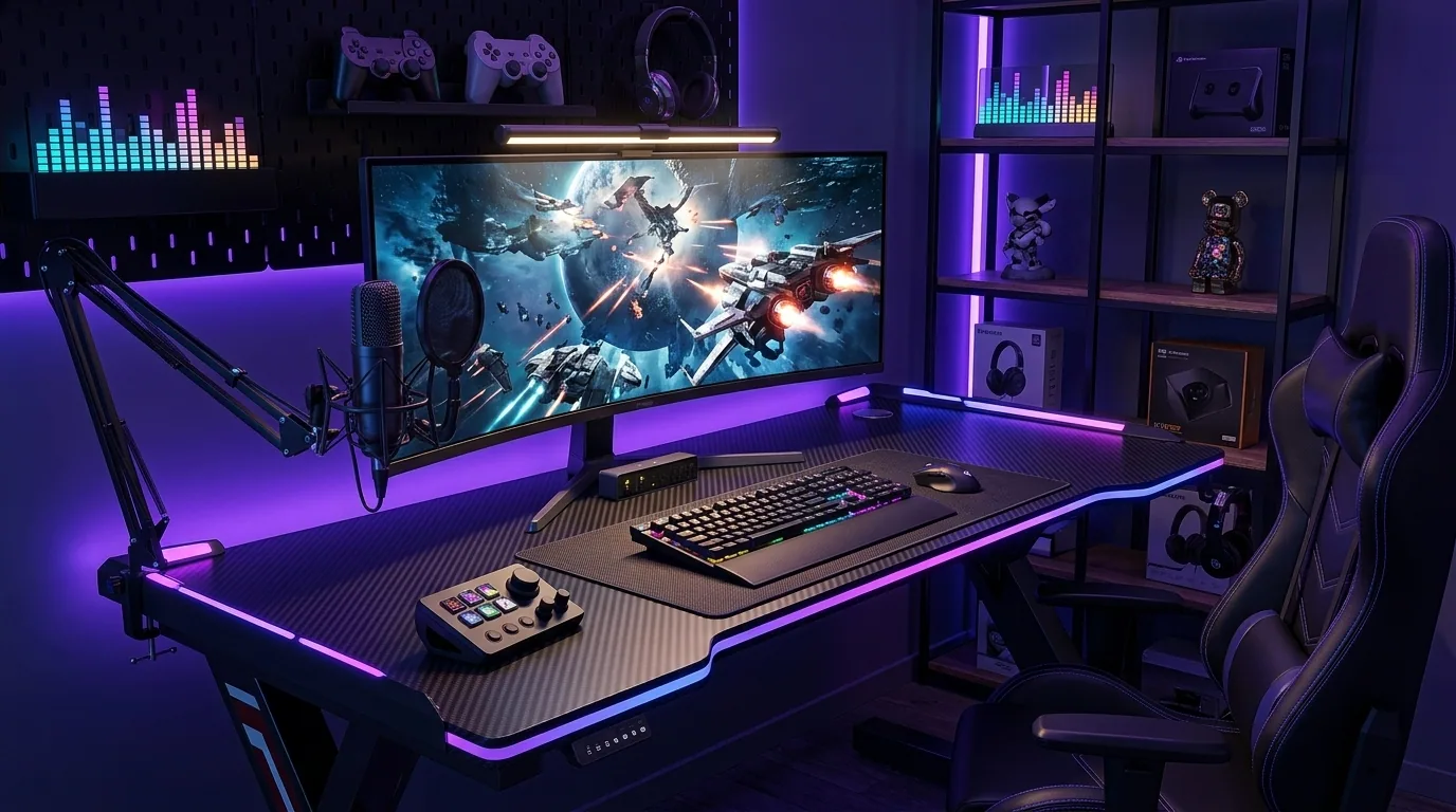 A furnished workspace with an adjustable desk and high-back office chair